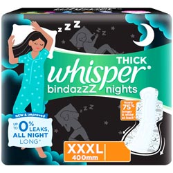 Whisper THICK Bindazzz Nights 75% Longer,Wider at Back-XXXL/400mm/4 Pads