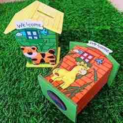 Wooden Money Bank with Colorful Very Attractive Print-print may vary
