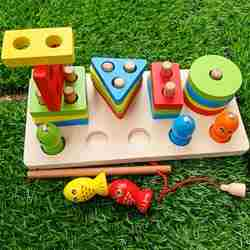 Fishing with Shape Sorter 2 in 1 Wooden Toy with 4 Shapes and 5 Magnetic Fishes