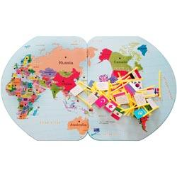 Foldable Wooden World Map with Flags